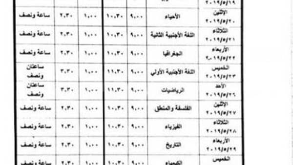 جدول إمتحانات نهاية العام للصف الاول الثانوى لعام 2019