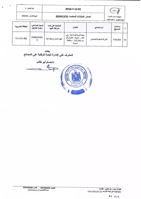 القائمة البيضاء للمصانع المعتمدة من الهيئة القومية لسامة الغذاء 12